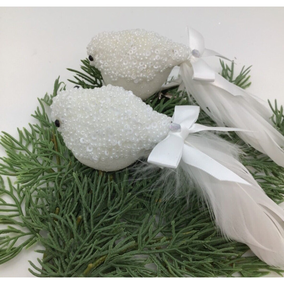 2 Songbirds White Glass Beaded Clip On Christmas Tree Ornaments Bright - Picture 4 of 8